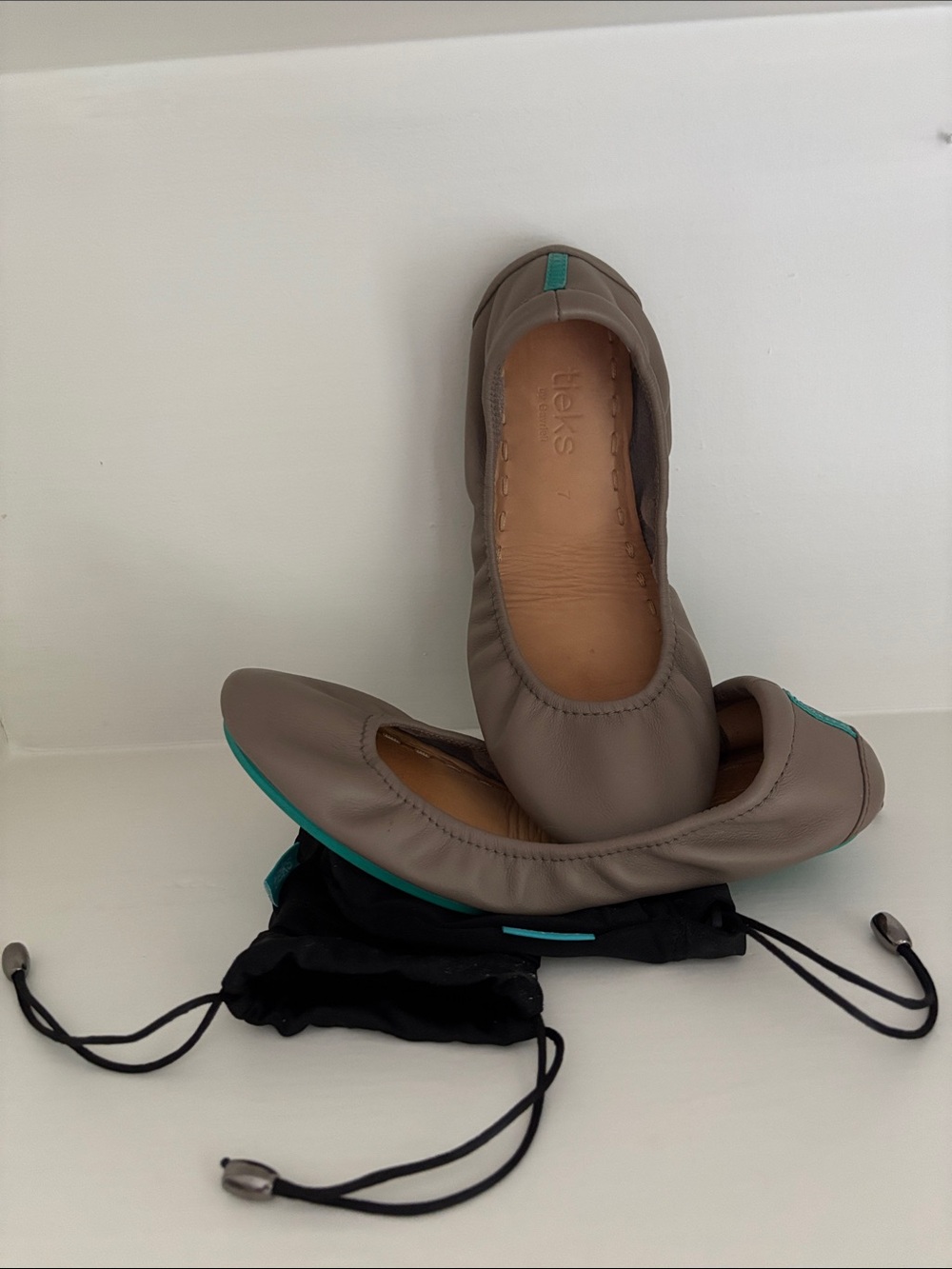 Tieks Taupe Ballet Flats with Teal Trim